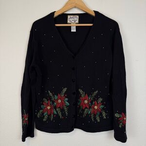Christmas Poinsettia Embroidered Beaded Vintage Cardigan Heirloom Collectibles S